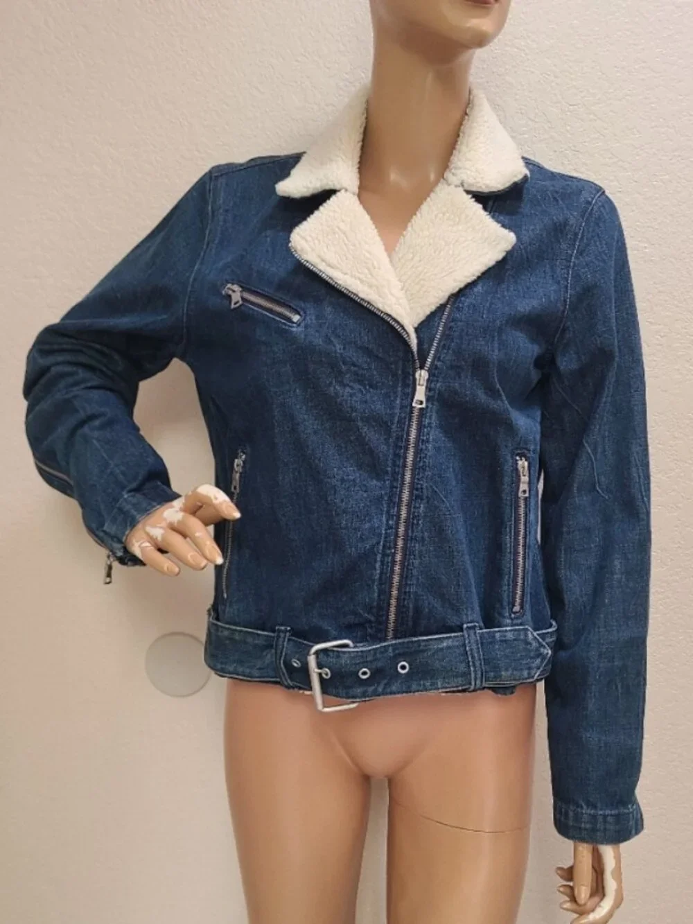 VINTAGE GAP 1969 DENIM MOTO JACKET SHEARLING COLLAR JEAN JACKET sz M - Picture 2 of 9